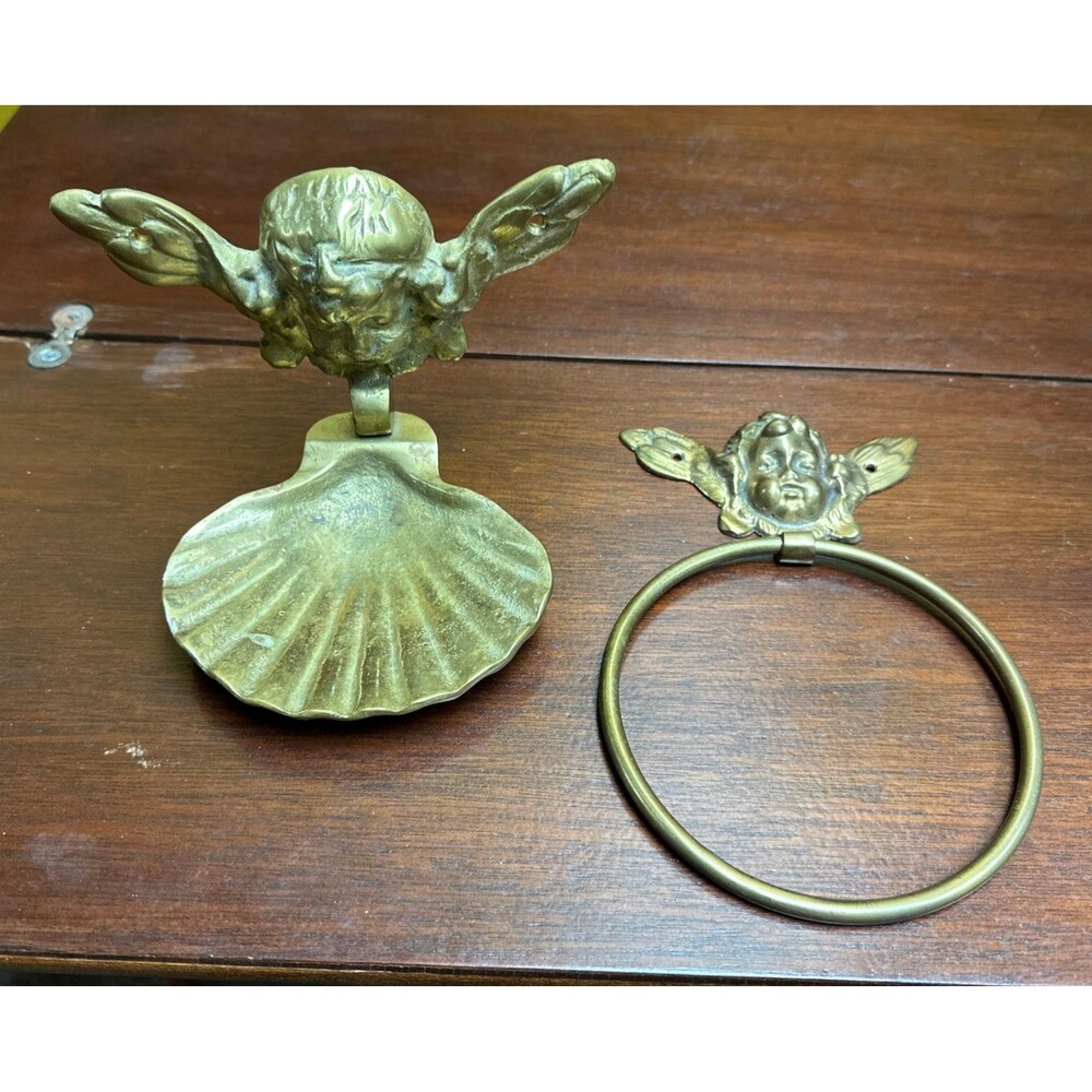 Vintage Brass Cherub Angel Soap Dish Towel Ring Holder Bathroom Decor